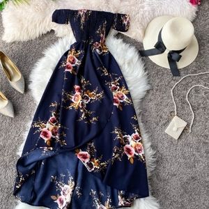 Navy Florals Flower Maxi Bohemian High Slits Wom - image 1